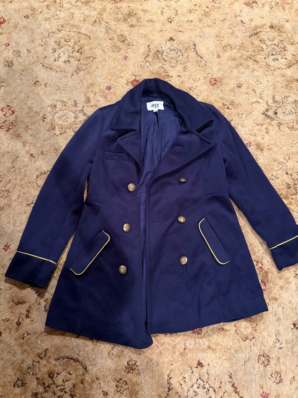 Jack by BB Dakota Navy Double-Breasted Wool Blend Peacoat with Gold Trim
